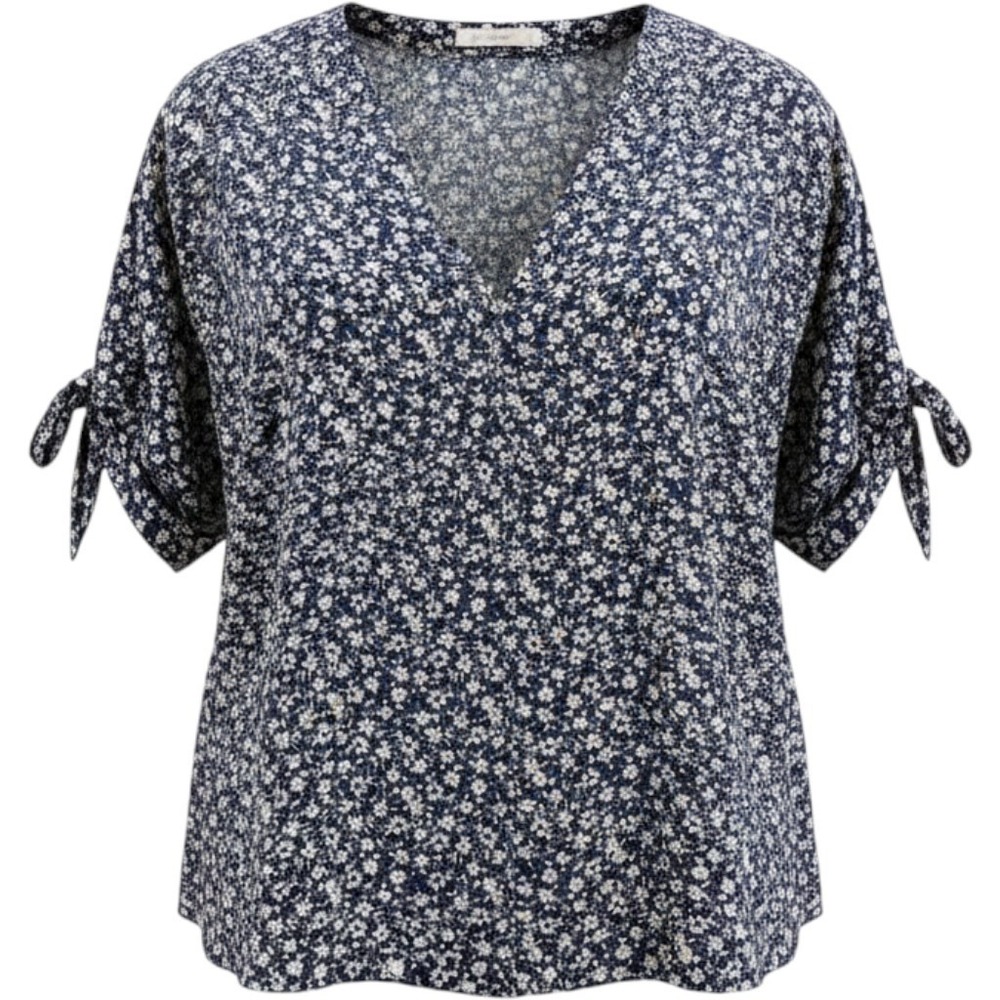 Active USA Blouse Floral Tie-Sleeve Polyester Large Navy Blue Cottagecore